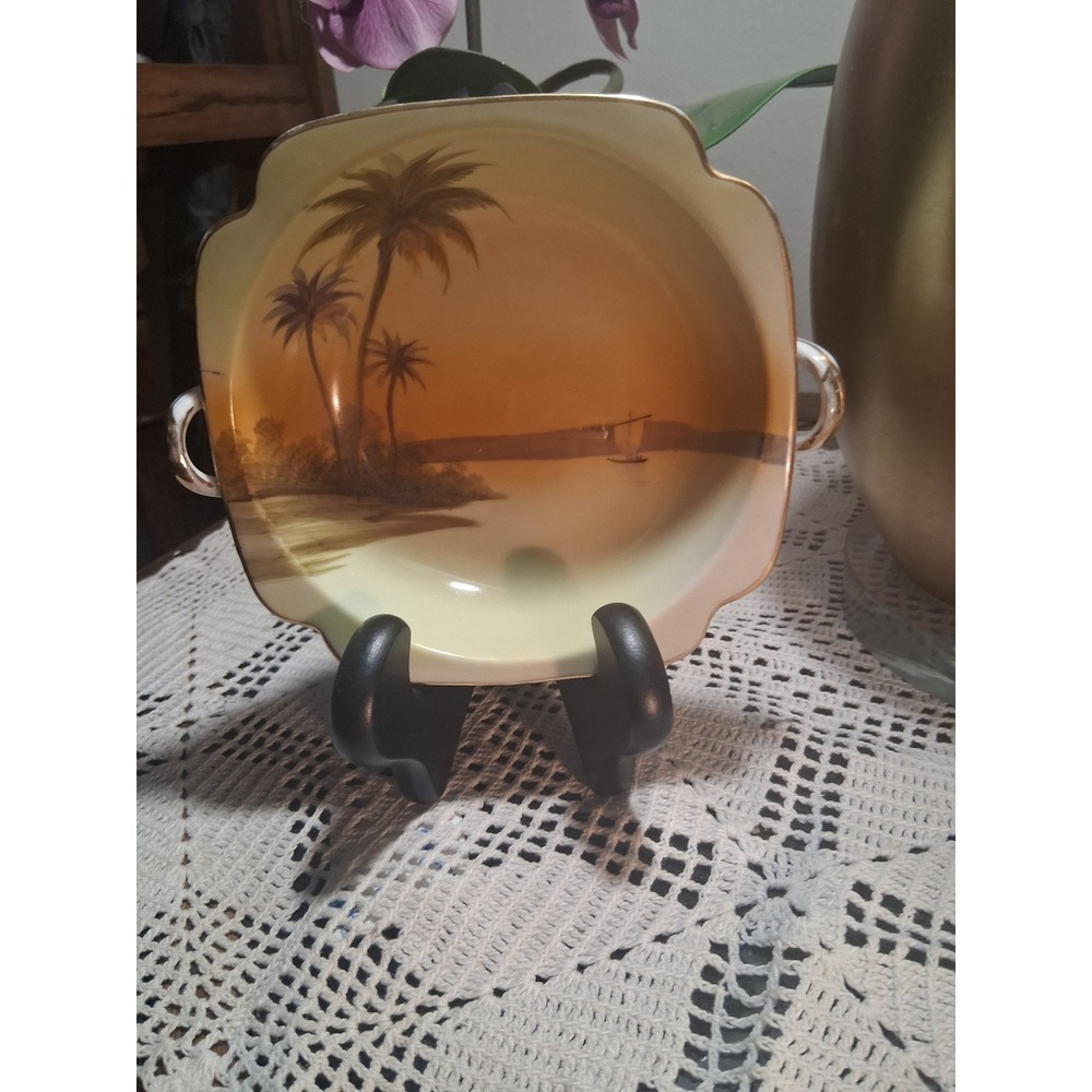 Noritake Vintage Hand Painted Porcelain Bowl Tropical Sunset Palm Tree Gold Trim